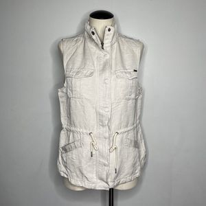 Max Jeans Safari Vest Women Medium Beige Linen Summer Multi Pockets Sleeveless